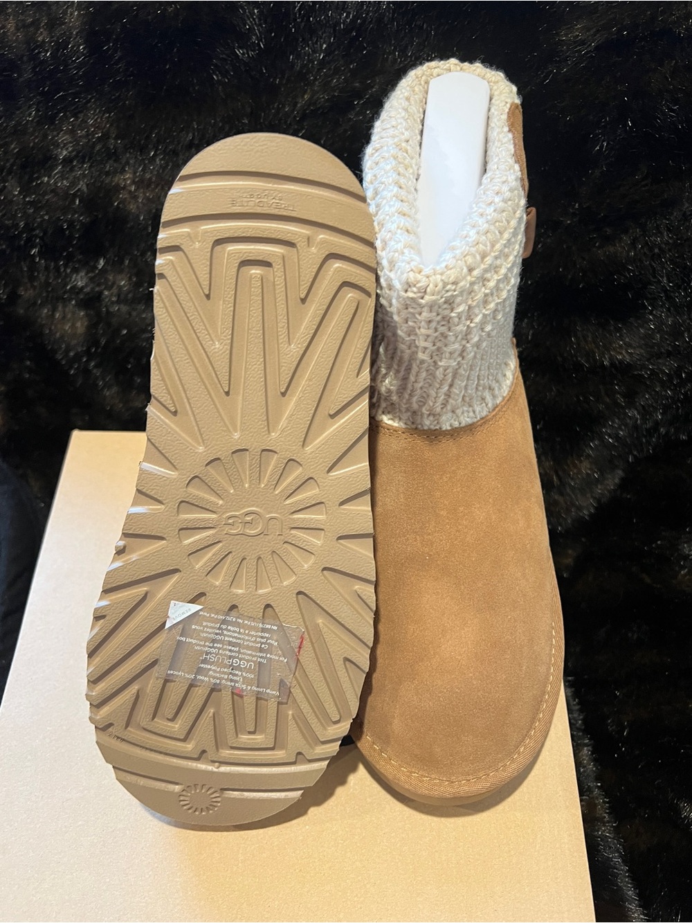 UGG Chestnut Suede Ankle Boots with Cream Knit Cuff - Picture 3 of 3
